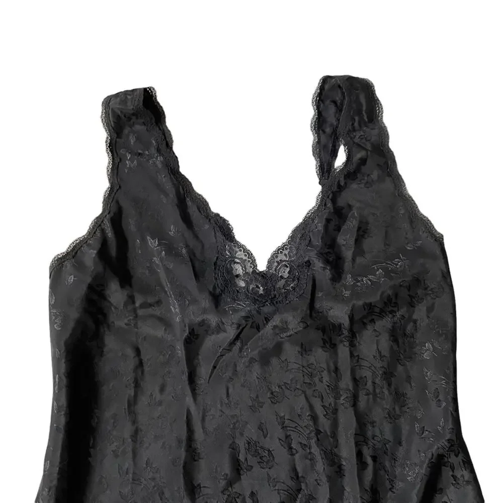 Vintage 1970s Barbizon Slip Dress Midi Lace Trim Floral Vines Black L EUC - Picture 2 of 13